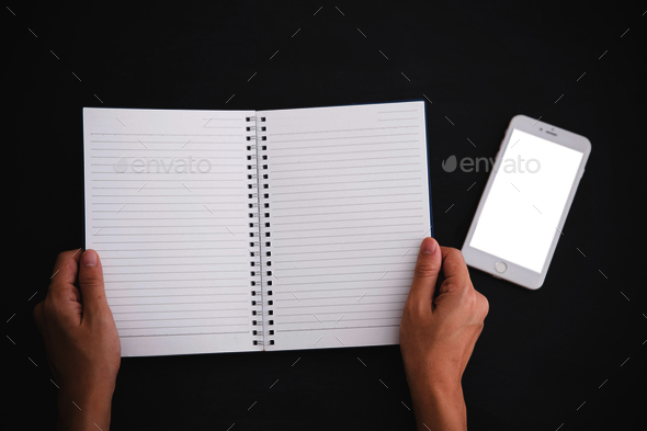 notebook, and blank white mobile phone. mock up