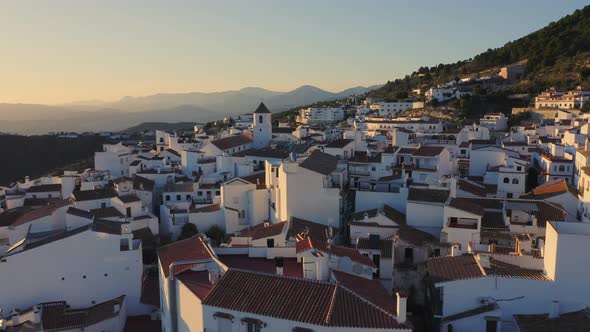 Aerial Drone View of Spain, Spanish Town in Mountains at Sunset, Costa Del Sol, Andalusia (Andalucia alt