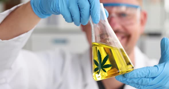 Man Chemist Shaking Yellow Liquid with Hemp in Laboratory  Movie Slow Motion alt