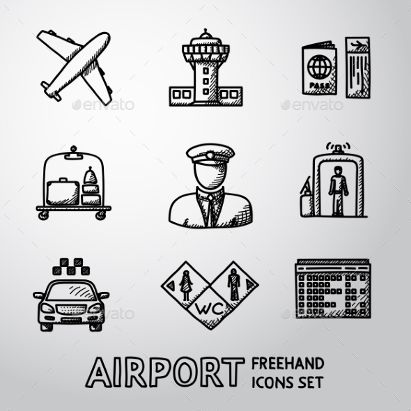 Set Of Handdrawn AIRPORT Icons - Airplane, Airport - Icons