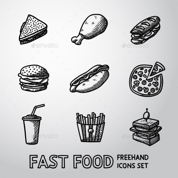 Set Of Freehand FAST FOOD Icons - Sandwich - Icons