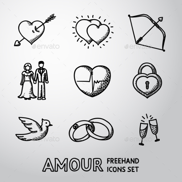 Set Of Handdrawn Love, Amour Icons - Heart With - Icons
