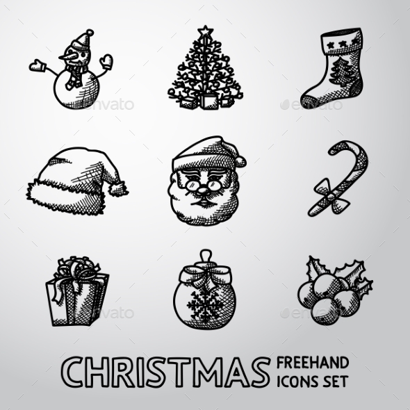 Set Of Freehand CHRISTMAS Icons - Snowman, Tree - Icons