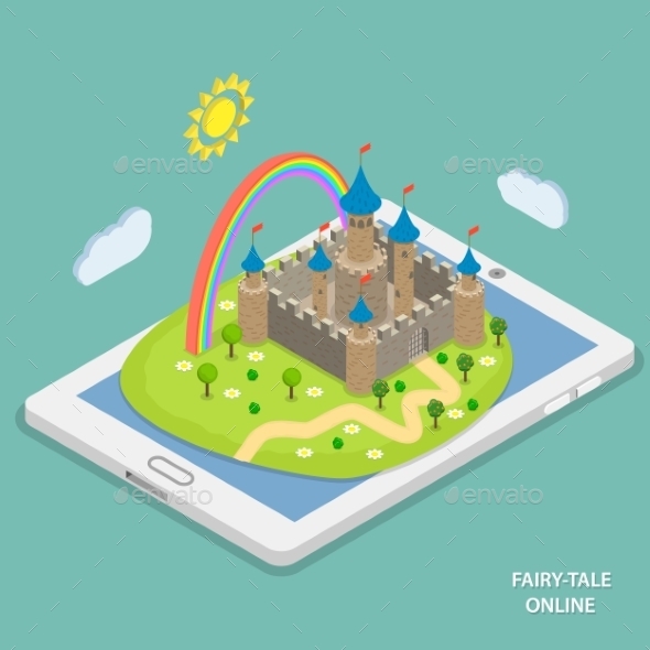 Online Fairy Tale Reading Isometric Vector Online Fairy Tale Reading Isometric Vector