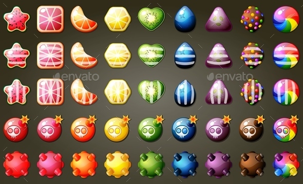 Fruit Candies Match Three Puzzle Game Set - Sprites Game Assets