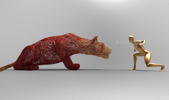 Golden Man Facing Tiger - 3D Backgrounds