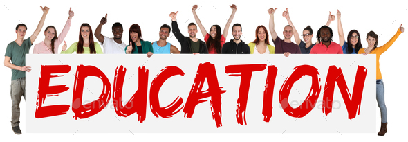 Education concept group of young multi ethnic people holding banner