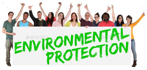 Environmental protection group of young multi ethnic people holding banner
