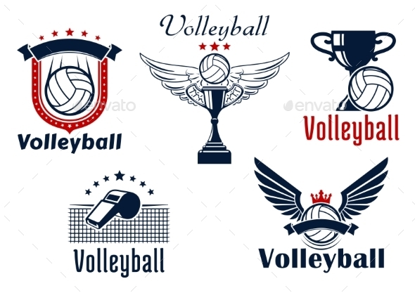 Volleyball Game Emblems With Sport Items Volleyball Game Emblems With Sport Items