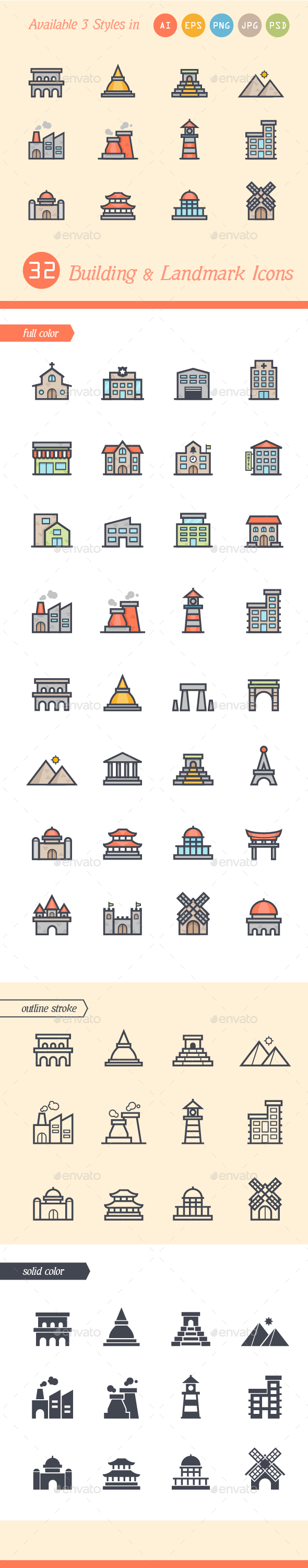 Set of 3 Styles Building and Landmark Icons - Buildings Objects