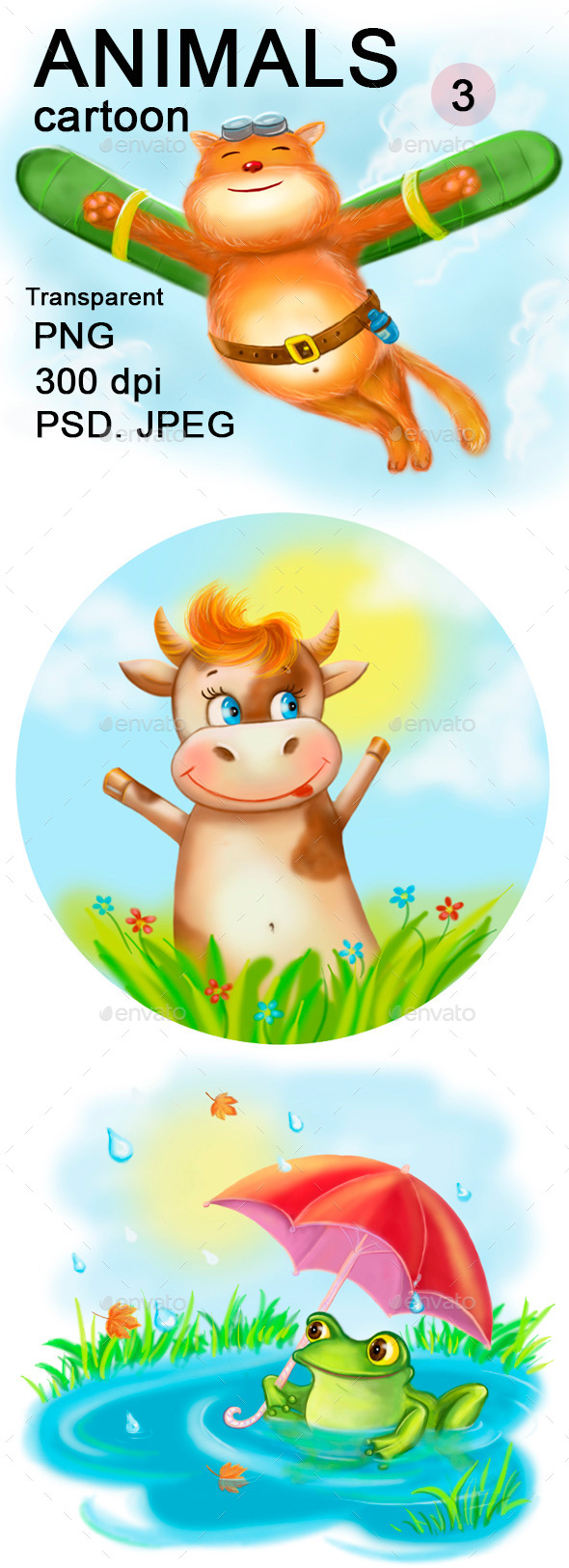 3 Animals Cartoon - Animals Illustrations