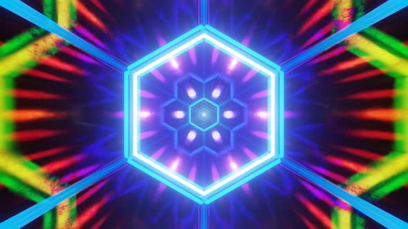 Bright hexagons fly towards you, surrounded by colorful sparkling rays. Loop animation for holidays