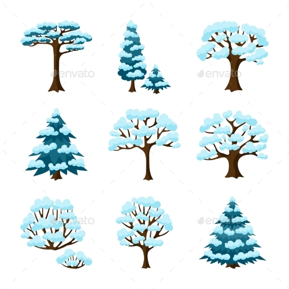 Set Of Winter Abstract Stylized Trees. Natural - Seasons Nature