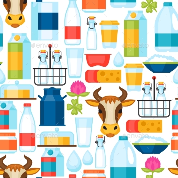 Milk Seamless Pattern With Dairy Products - Food Objects