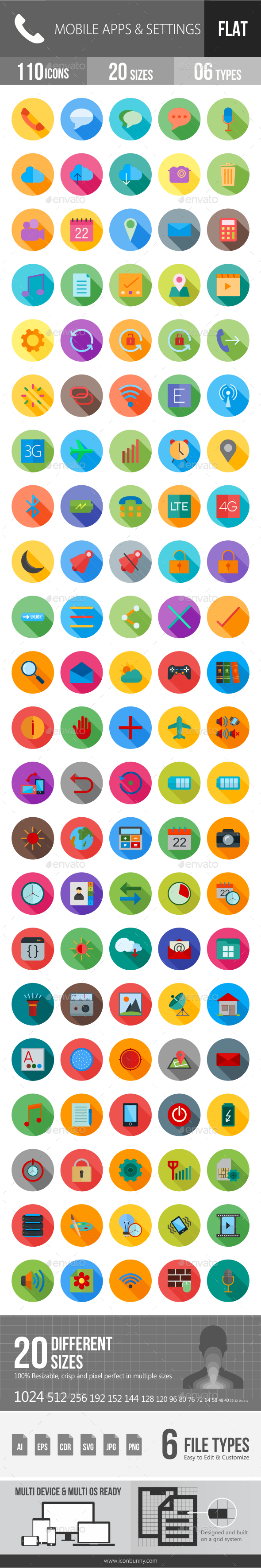 Mobile Apps & Settings Flat Shadowed Icons - Icons