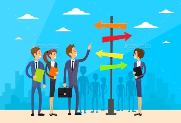 Businesspeople Standing Sign Choose Direction Way Businesspeople Standing Sign Choose Direction Way