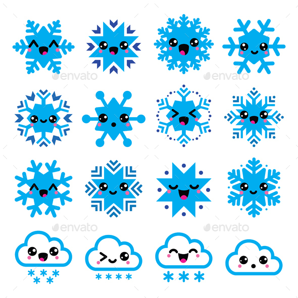 Kawaii Snowflakes, Clouds with Snow - Christmas - Christmas Seasons/Holidays