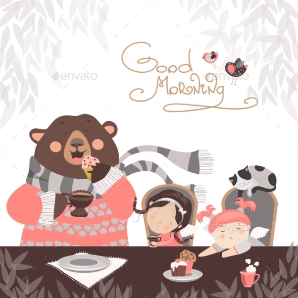 Girls Drinking Tea With a Cute Bear Girls Drinking Tea With a Cute Bear