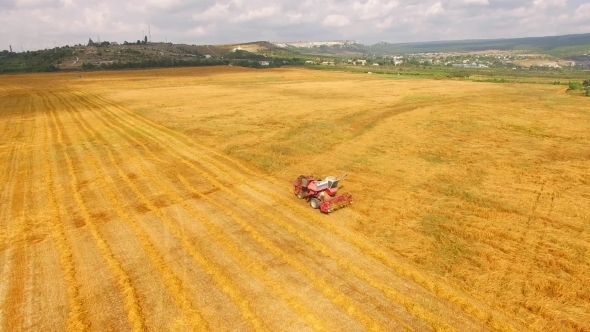 Grain Harvester Standing In Yellow Wheat Field