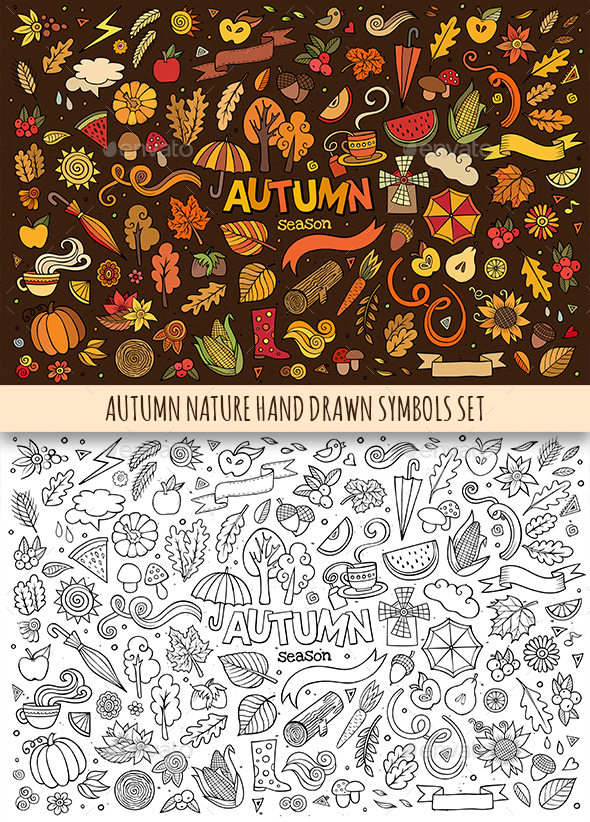 Hand Drawn Autumn Nature Doodles Symbols - Seasons Nature