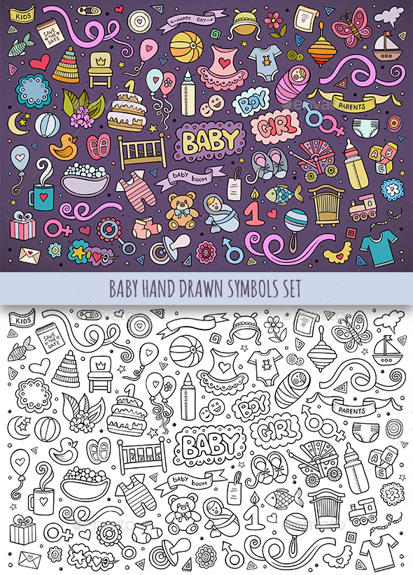 Hand Drawn Baby Doodles Symbols - People Characters