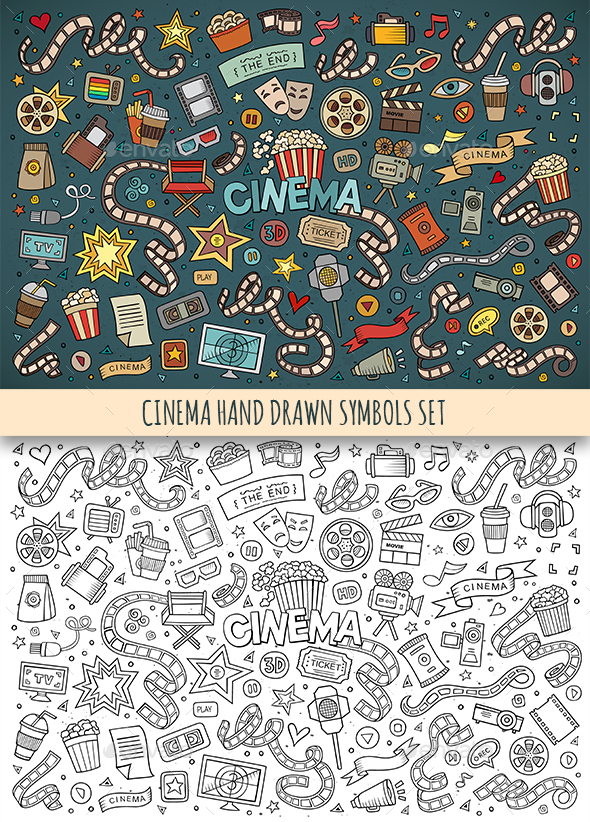Hand Drawn Cinema Doodles Symbols - Media Technology