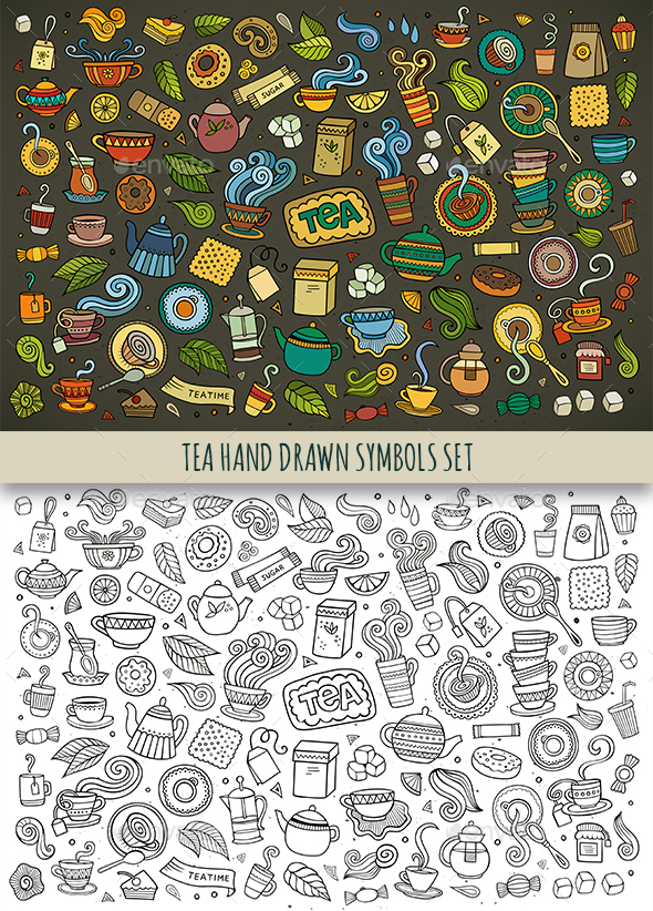 Hand Drawn Tea Doodles Symbols - Patterns Decorative