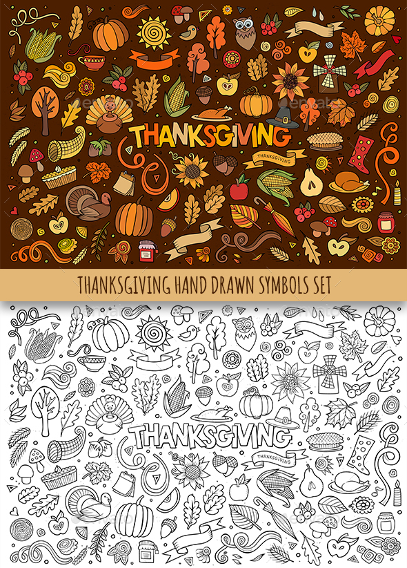 Hand Drawn Thanksgiving Doodles Symbols - Seasons/Holidays Conceptual