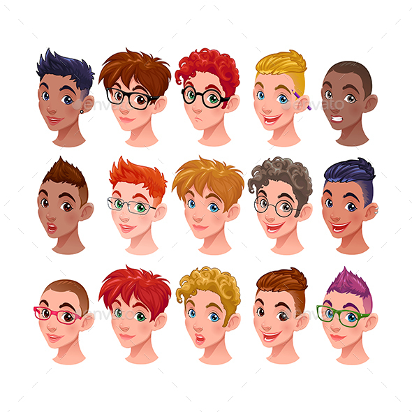Set of Boys with Different Hairstyles and Accessor - People Characters