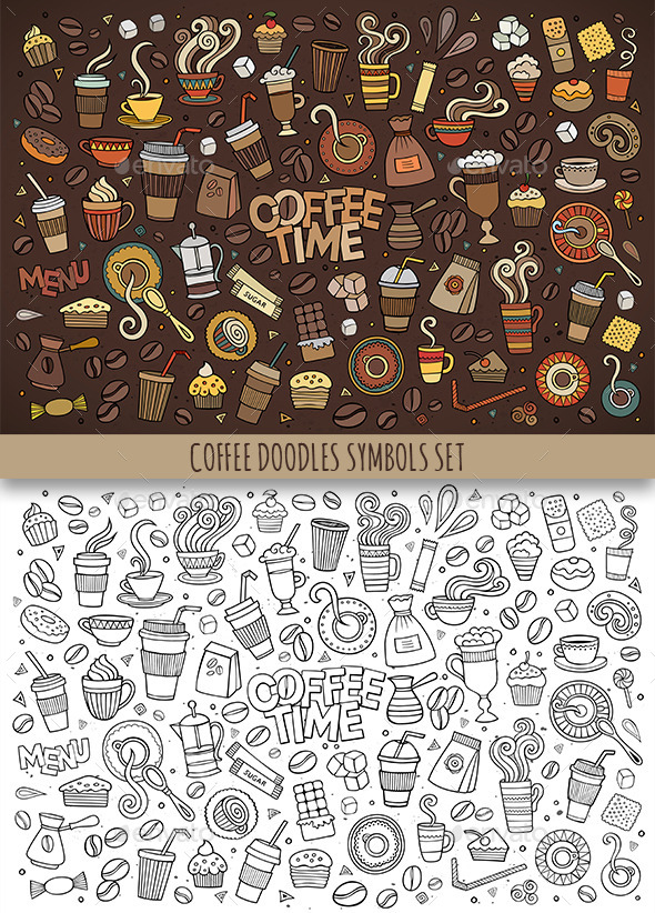 Hand Drawn Coffee Doodles Symbols - Food Objects