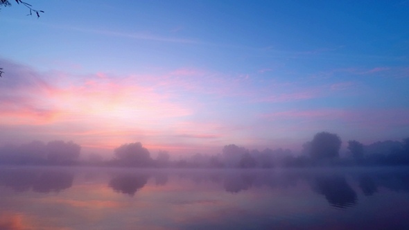 Sunrise  in  Fog on River Water.  alt