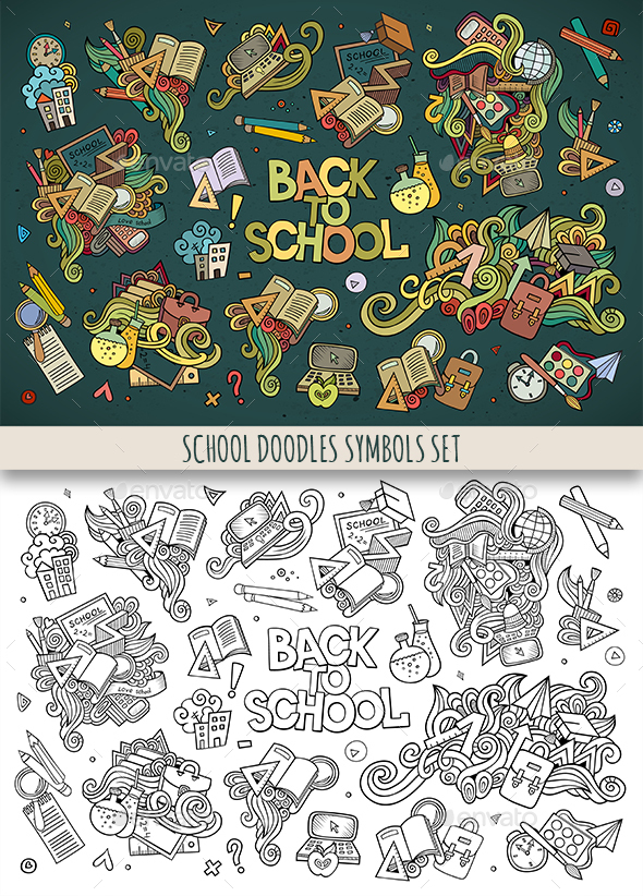 School Doodles Symbols Set - Objects Vectors