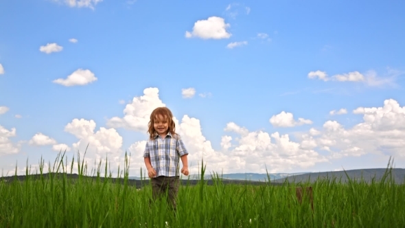 Cute Boy Jumping In Green Meadow