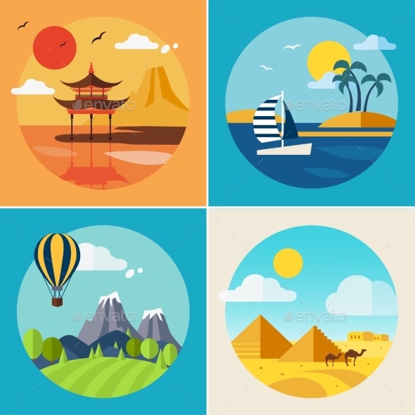 Summer Vacation Landscape Illustrations Set