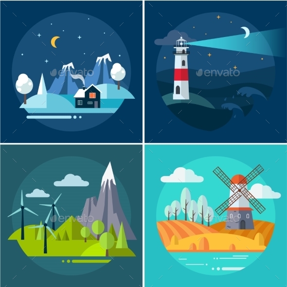 Mountains and Water Landscape Illustrations Set Mountains and Water Landscape Illustrations Set