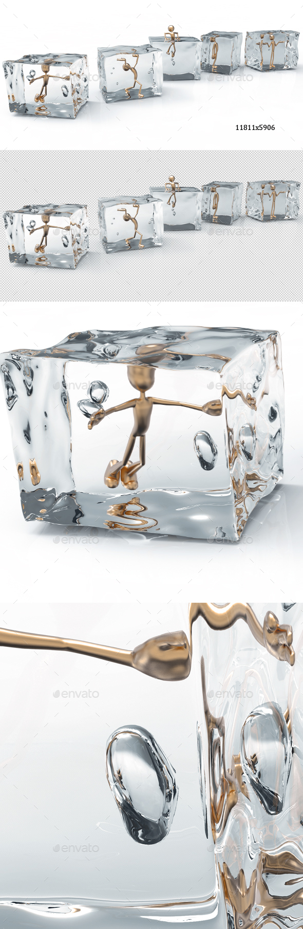 Creative Golden Man Inside Ice Cubes - Characters 3D Renders