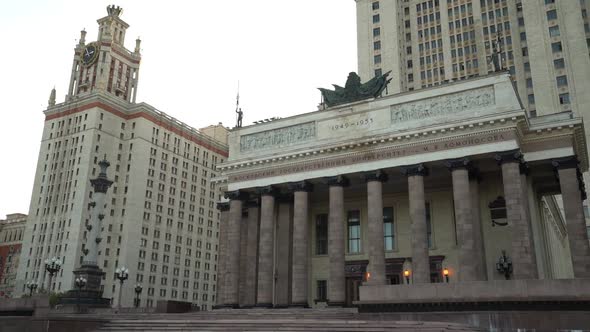The Main Entrance To Moscow State University in Autumn. Dolly Camera Shot. alt