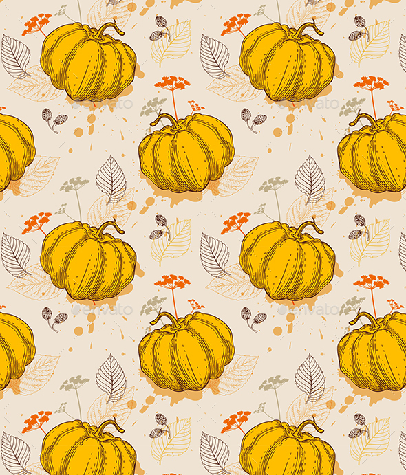 Pattern with Orange Pumpkin and Leaves - Patterns Decorative