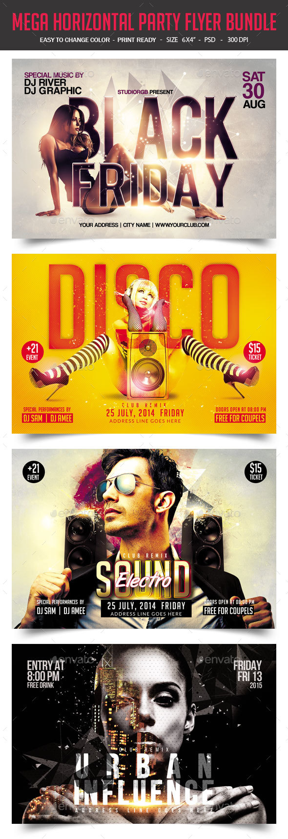 Bundle of 4 Horizontal Party Flyer - Clubs & Parties Events