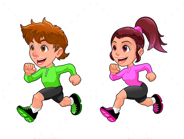 Funny Running Boy and Girl - Sports/Activity Conceptual