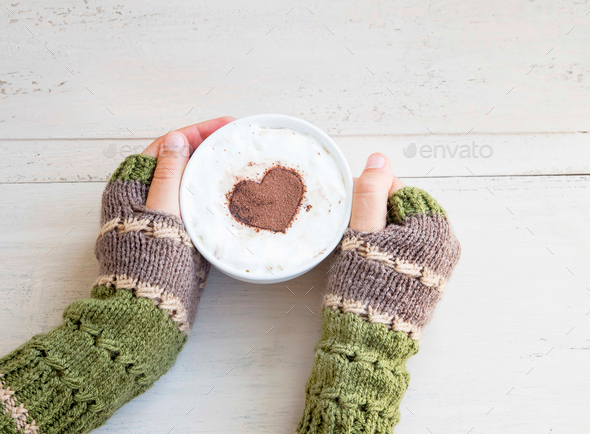 Holding Coffee Latte with Cozy Wool Hand Warmers