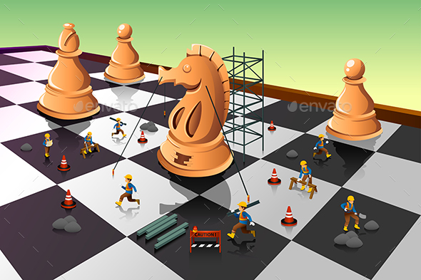 Workers Building a Knight on the Chessboard - Concepts Business