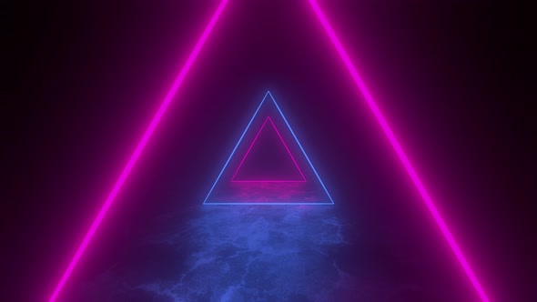 Flying through glowing rotating neon triangles creating a tunnel, blue red pink violet spectrum alt
