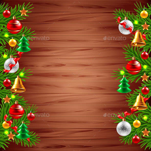 Christmas Tree Branches on Wood Background - Christmas Seasons/Holidays