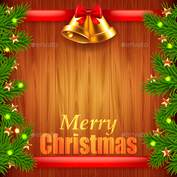 Christmas Tree Branches and Bells on Wood Background Christmas Tree Branches and Bells on Wood Background