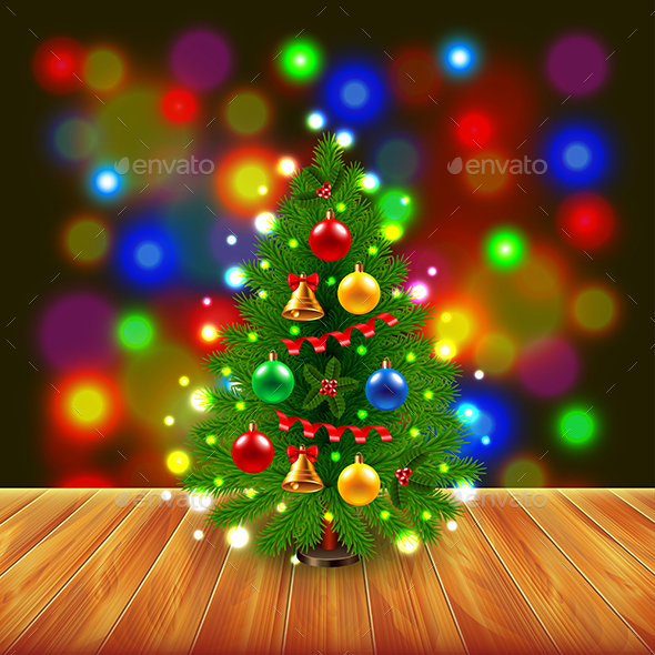 Christmas Tree on Wooden Table Colorful Background Christmas Tree on Wooden Table Colorful Background