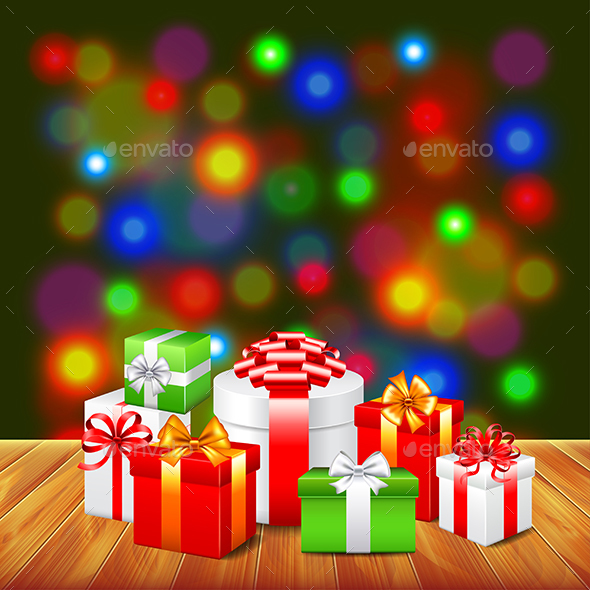Christmas Gifts on Wooden Table Colorful Background - Christmas Seasons/Holidays