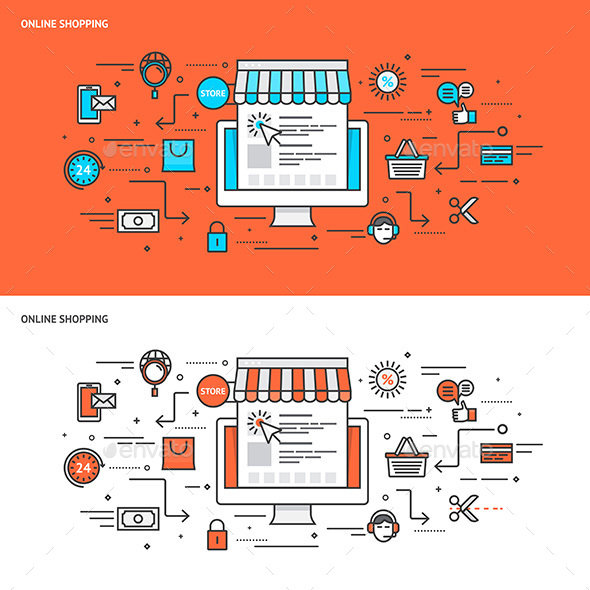 Thin Line Flat Design Concept Banners - Web Technology