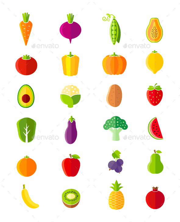 Organic Fruits and Vegetables Flat Style Icons Set - Food Objects