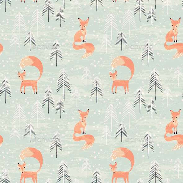 Seamless Pattern with Fox in Winter Forest Seamless Pattern with Fox in Winter Forest